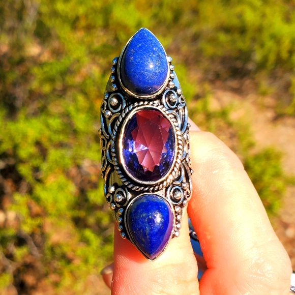 New Amethyst and Lapis Lazuli 925 Silver Statement Ring. - Picture 4 of 16